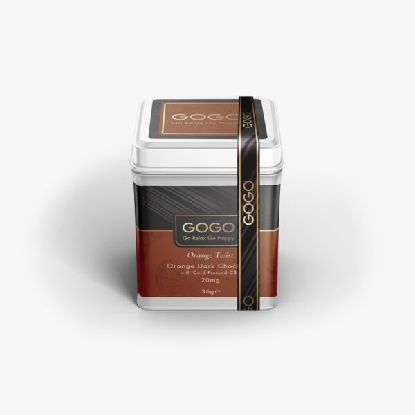 Dark chocolate infused with orange and cold pressed CBD in gift tin