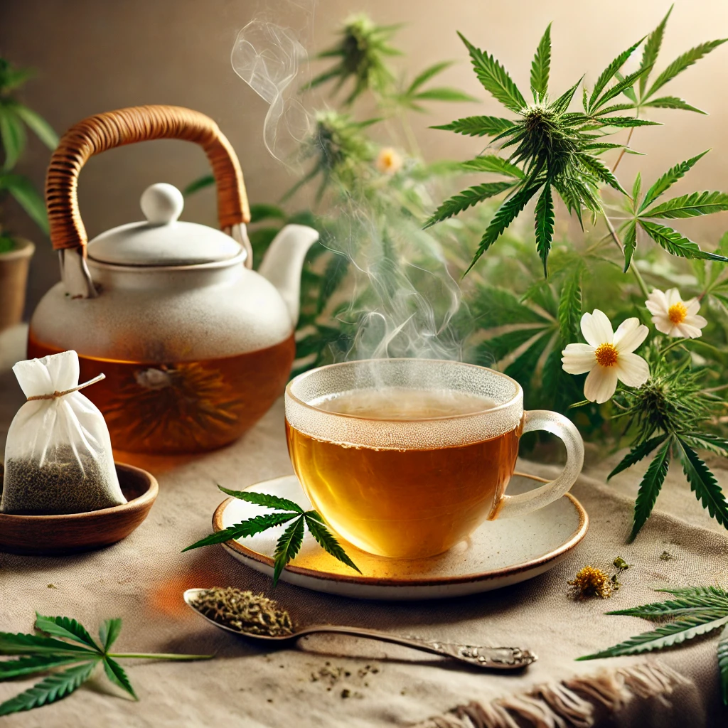 A warm, calming cup of hemp tea with steam rising from it, surrounded by fresh hemp leaves and flowers. The scene is peaceful and relaxing, with a coz