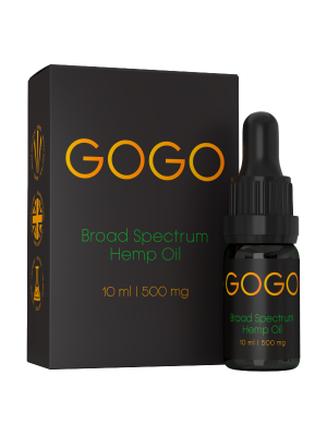Display of broad spectrum hemp oil bottle from Gogo Green Organics